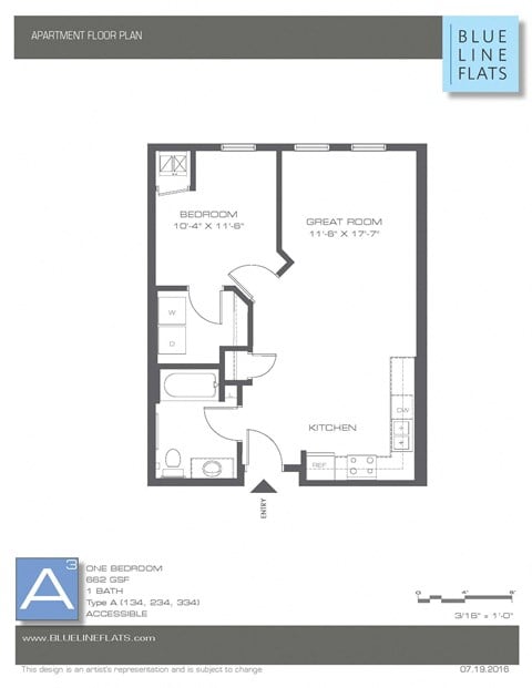 Floor plan for 1 bed, 1 bath, 615 sqft